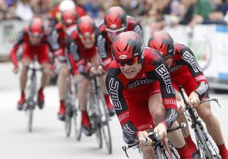 Cadel Evans drives the pace for his BMC team.