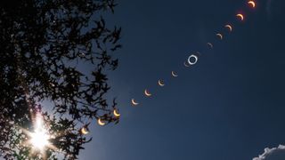 eclipse sequence shows the stages of a total solar eclipse across a clear sky with a slight cloud in the bottom right corner and a tree to the left. 