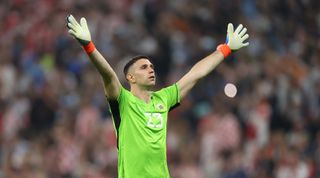Argentina goalkeeper Emiliano Martinez celebrates his team's first goal against Croatia during the FIFA World Cup 2022 semi-final in Qatar on 13 December, 2022