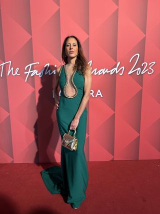 Andrea Thompson wears an Elie Saab dress from Sellier to the Fashion Awards 2023