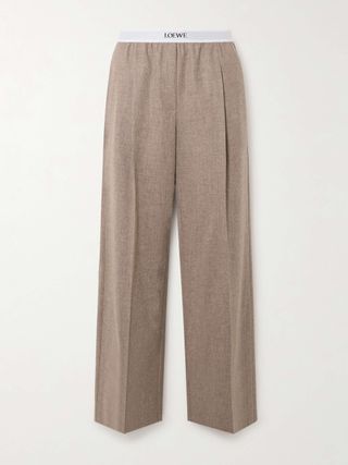 Stretch Jacquard Trim Pleated Wool & Cashmere Blend Straight Leg Pants