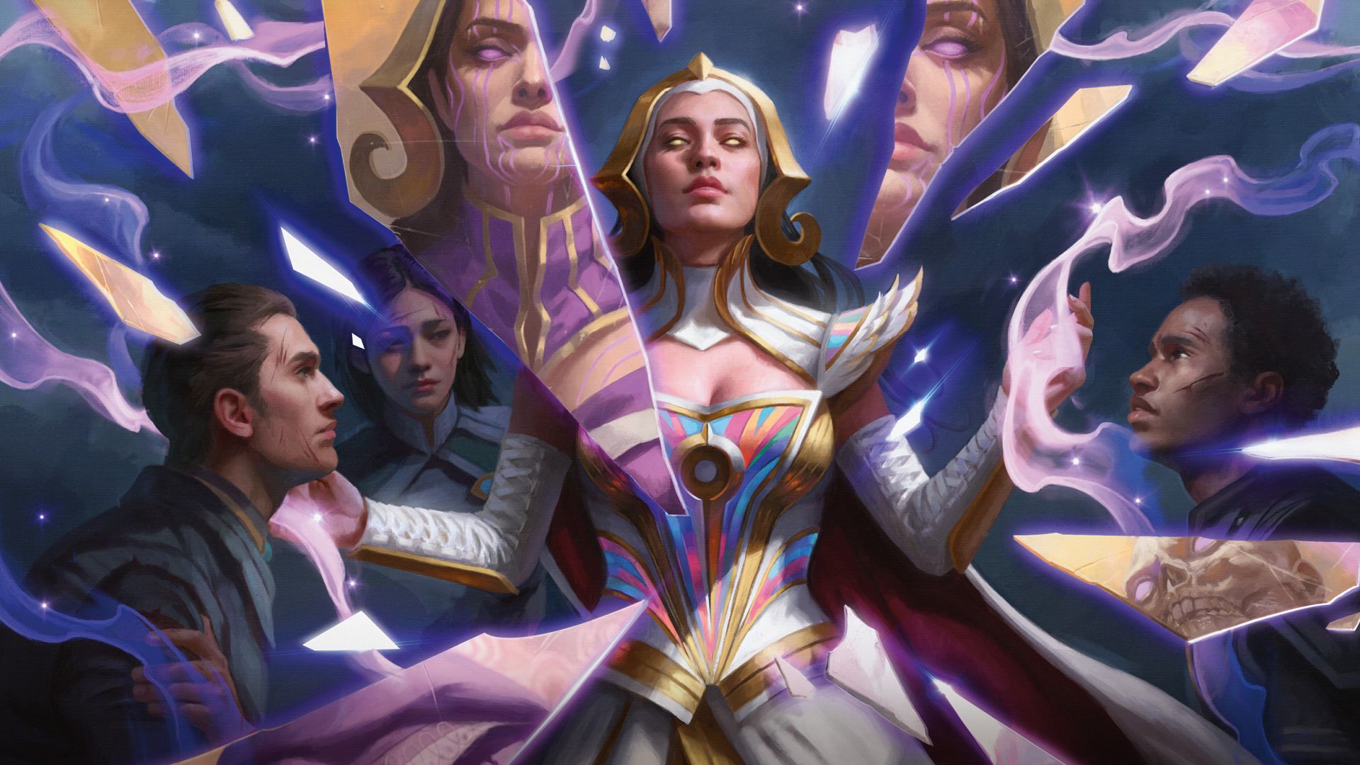 Liliana the Faultless, surrounded by acolytes, with a broken mirror showing her necromantic twin