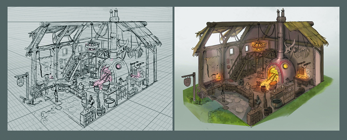 Create convincing environment. The cutway scenes of a house