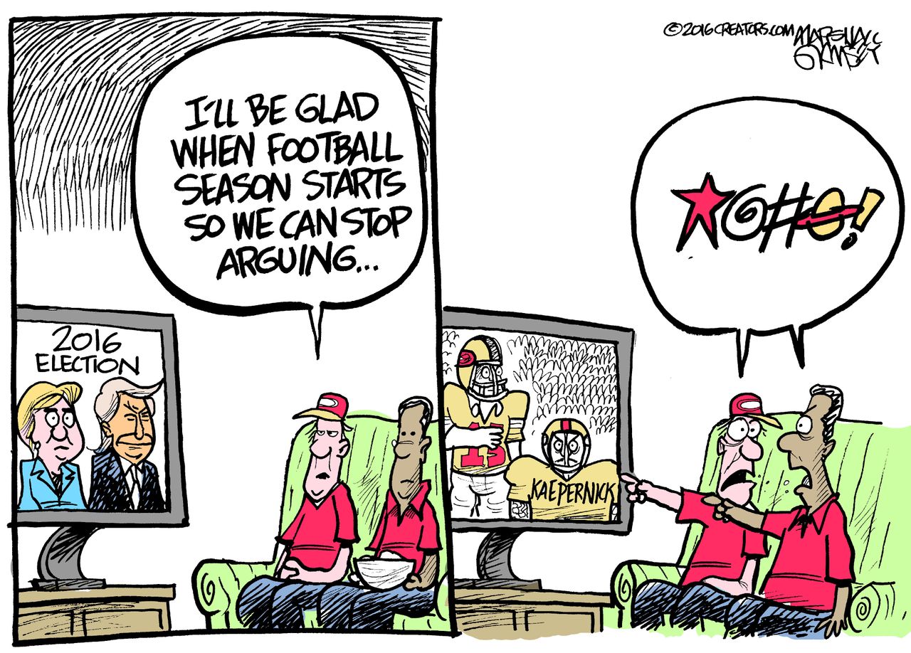 Political cartoon U.S. 2016 election football arguments