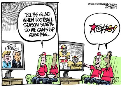 Political cartoon U.S. 2016 election football arguments