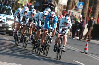 Saxo Bank Sungard in action during Tirreno-Adriatico's opening team time trial.