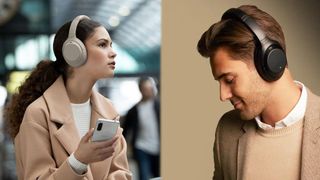 Bästa brusreducerande hörlurar: Två promobilder för Sony XM3 som visar en man och en kvinna som bär ett varsitt par Sony XM3-hörlurar. Kvinnan bär ett par vita och ser ut att befinna sig på en tågstation och mannen bär ett par svarta och står mot en begie bakgrund.