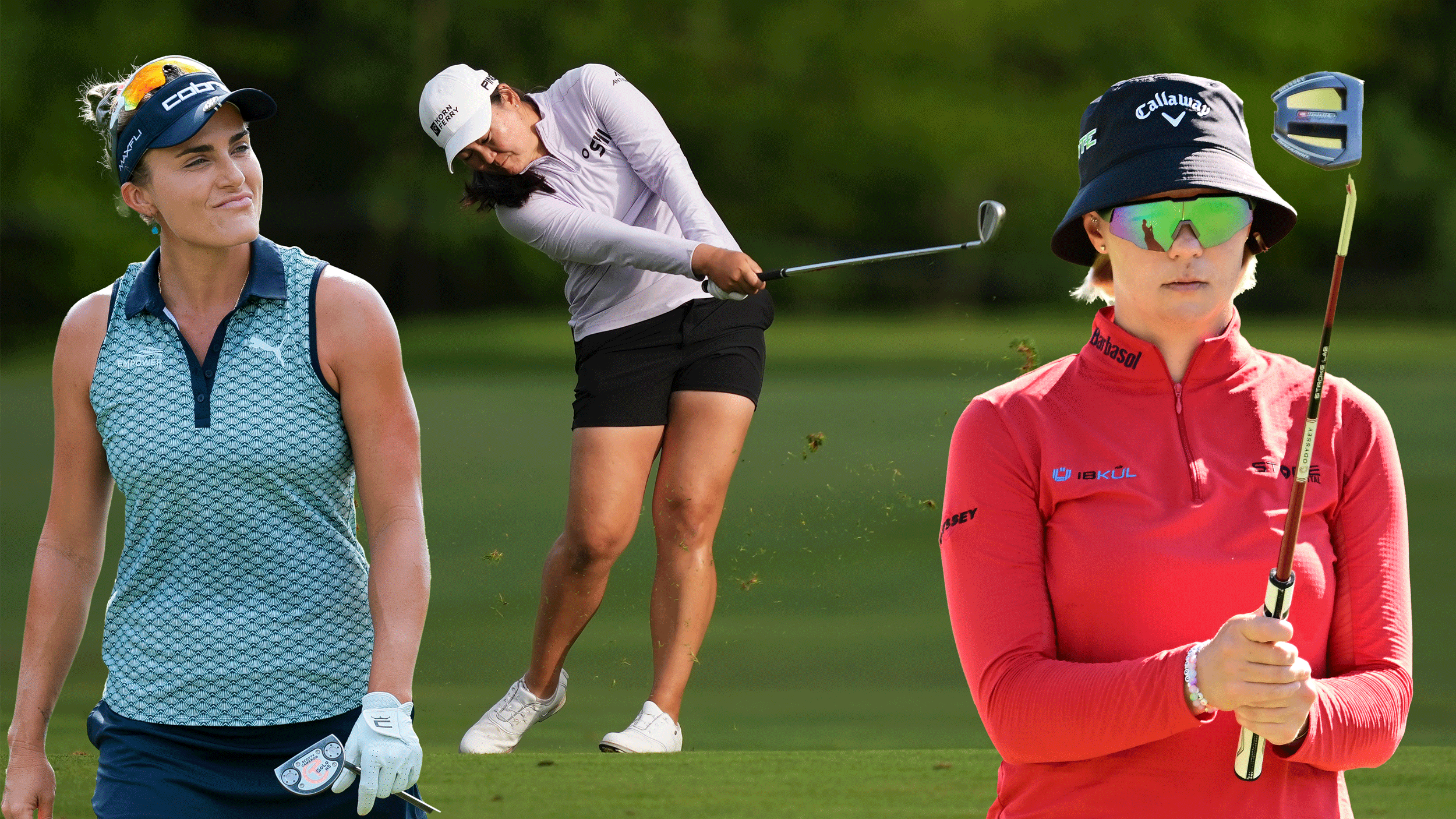 Main image of Allisen Corpuz hitting an iron shot with cut outs of Lexi Thompson (left) and Madelene Sagrstrom (right)