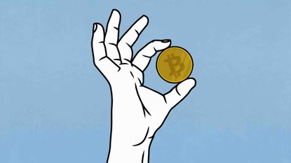 A drawing of a hand holding a physical representation of a bitcoin