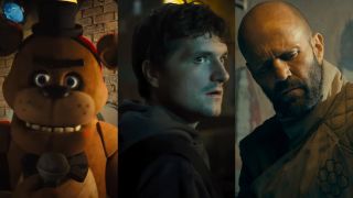 From left to right: a screenshot of Freddy in Five Nights at Freddy's, a screenshot of Josh Hutcherson looking scared in Five Nights at Freddy's and a press image of Jason Statham in The Beekeeper.