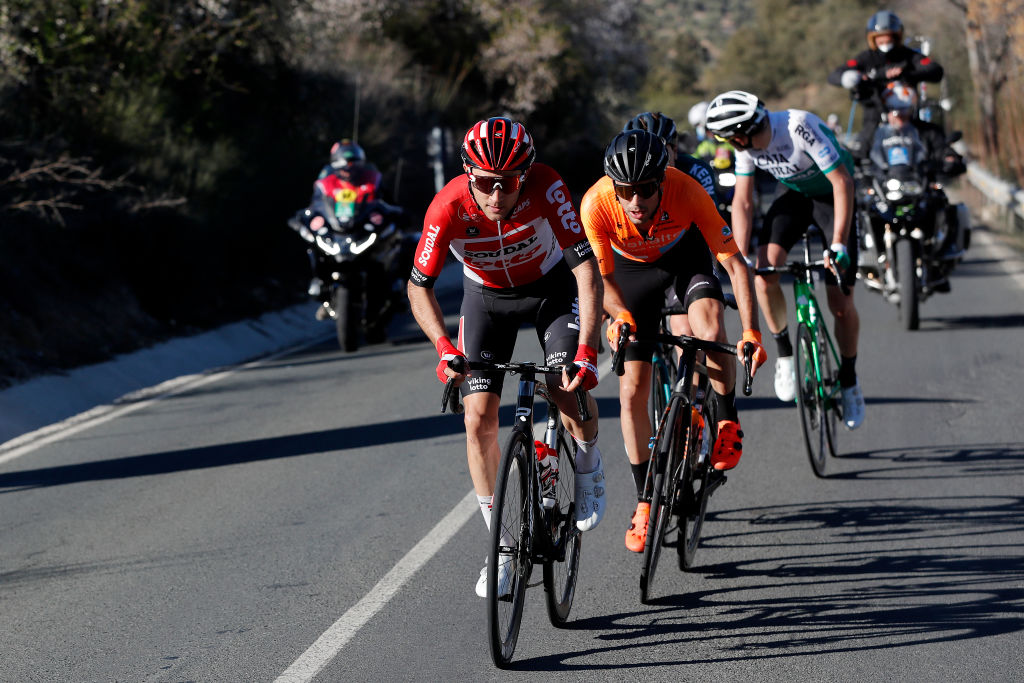 ALCALA LA REAL SPAIN FEBRUARY 17 Kamil Malecki of Poland and Team Lotto Soudal and Gotzon Martin Sanz of Spain and Team Euskaltel Euskadi compete in the breakaway during the 68th Vuelta A Andalucia Ruta Del Sol 2022 Stage 2 a 1506km stage from Archidona to Alcal La Real 982m 68RdS on February 17 2022 in Alcala la Real Spain Photo by Bas CzerwinskiGetty Images