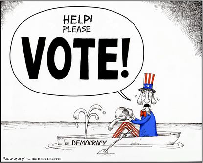 Political cartoon U.S. Uncle Sam democracy please vote midterm elections
