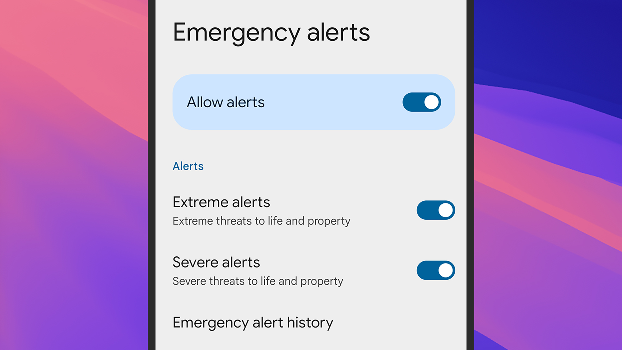 UK Emergency Alerts settings on Android