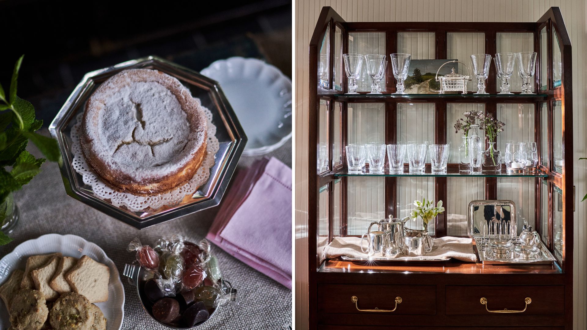 Two images showing a cake on a silver stand on the left and a wooden waitstand filled with glassware and silver tea service on the right