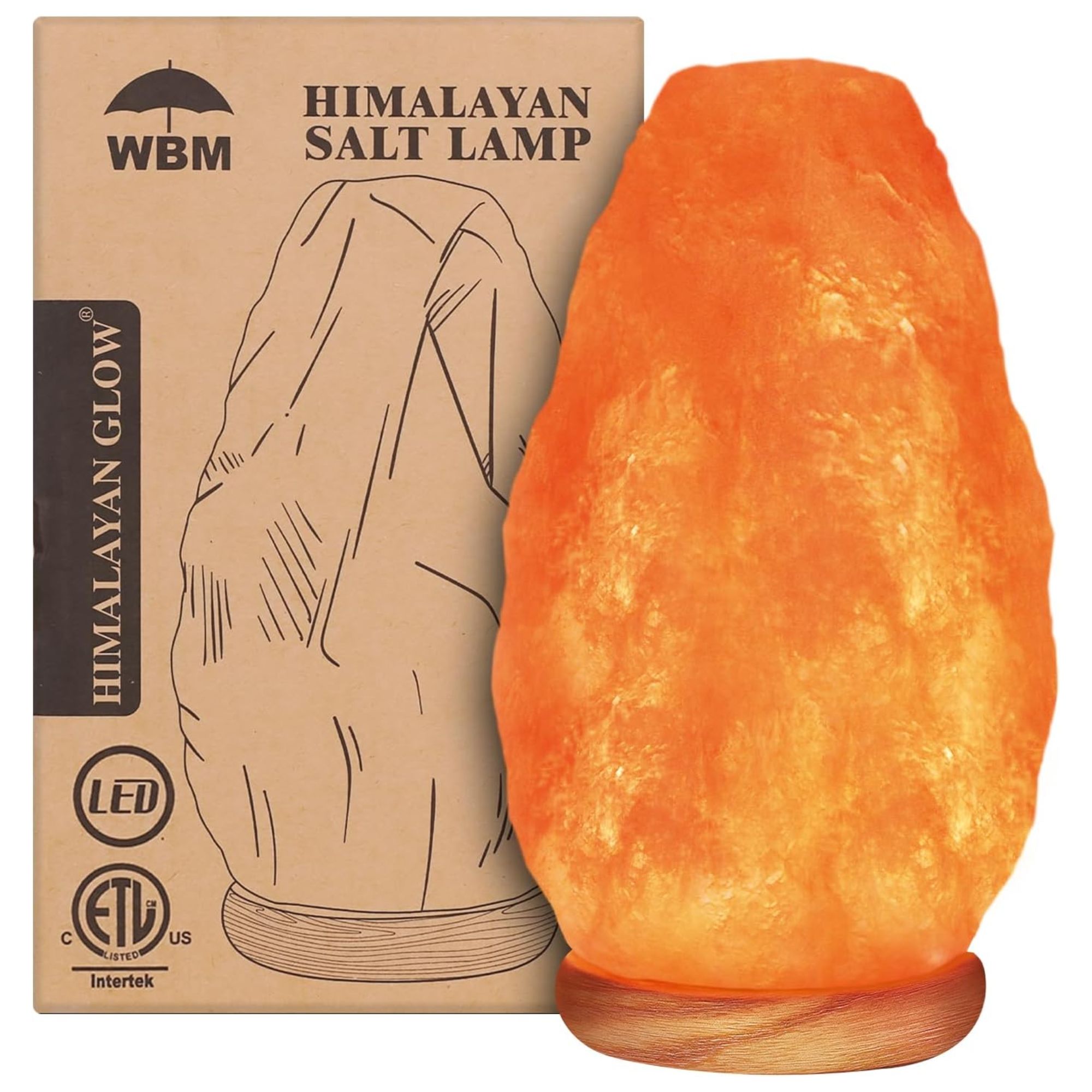 Salt lamp beside a light brown cardboard packaging box