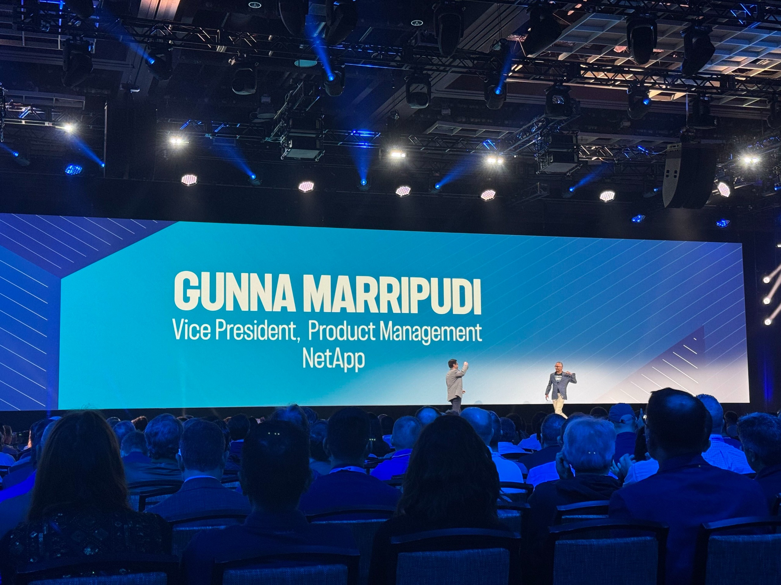 Gunna Marripudi, VP for product management at NetApp, pictured on stage at NetApp Insight 2026.