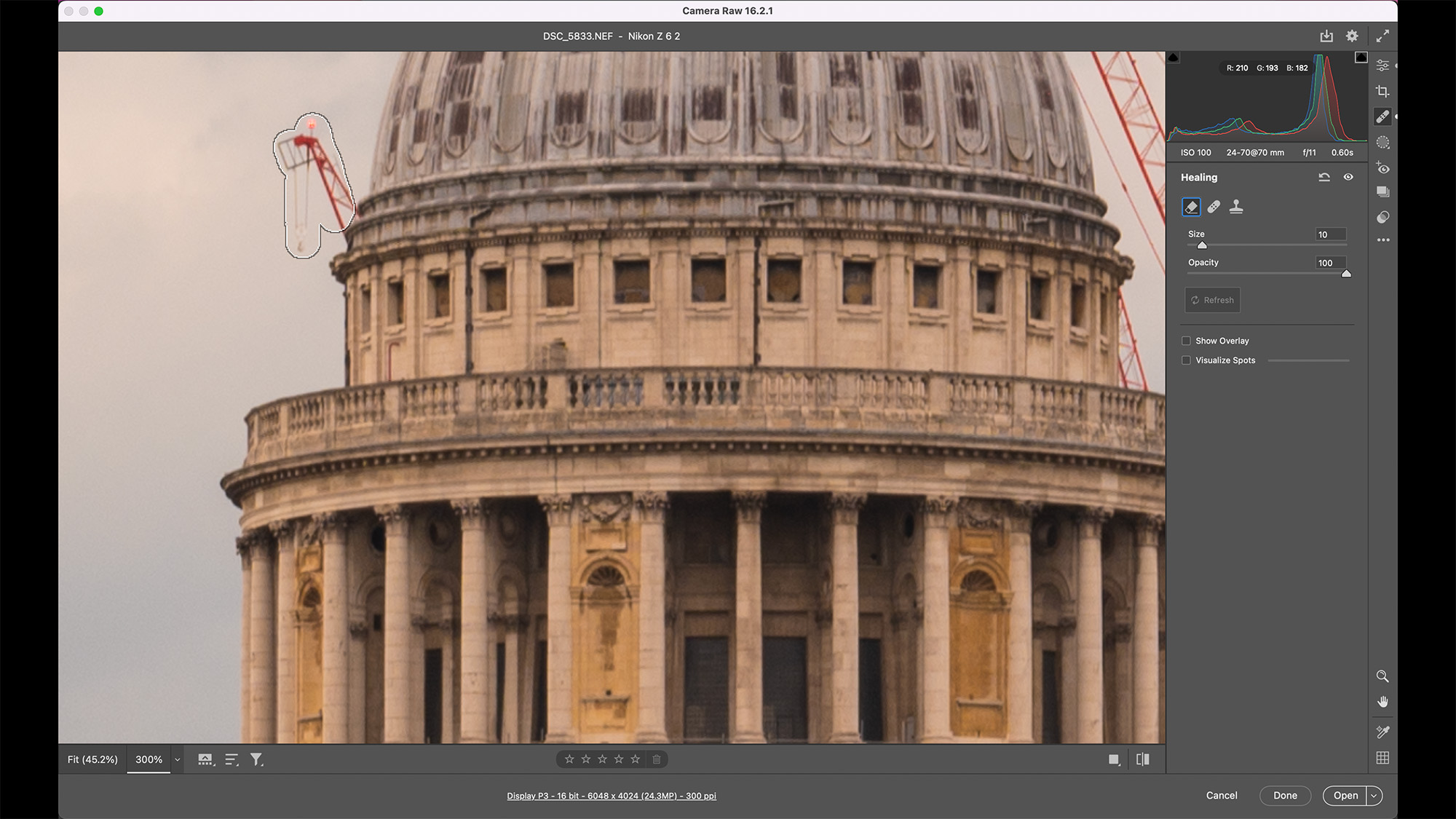 Camera Raw screenshot of a close-up of London's St Paul's Cathedral