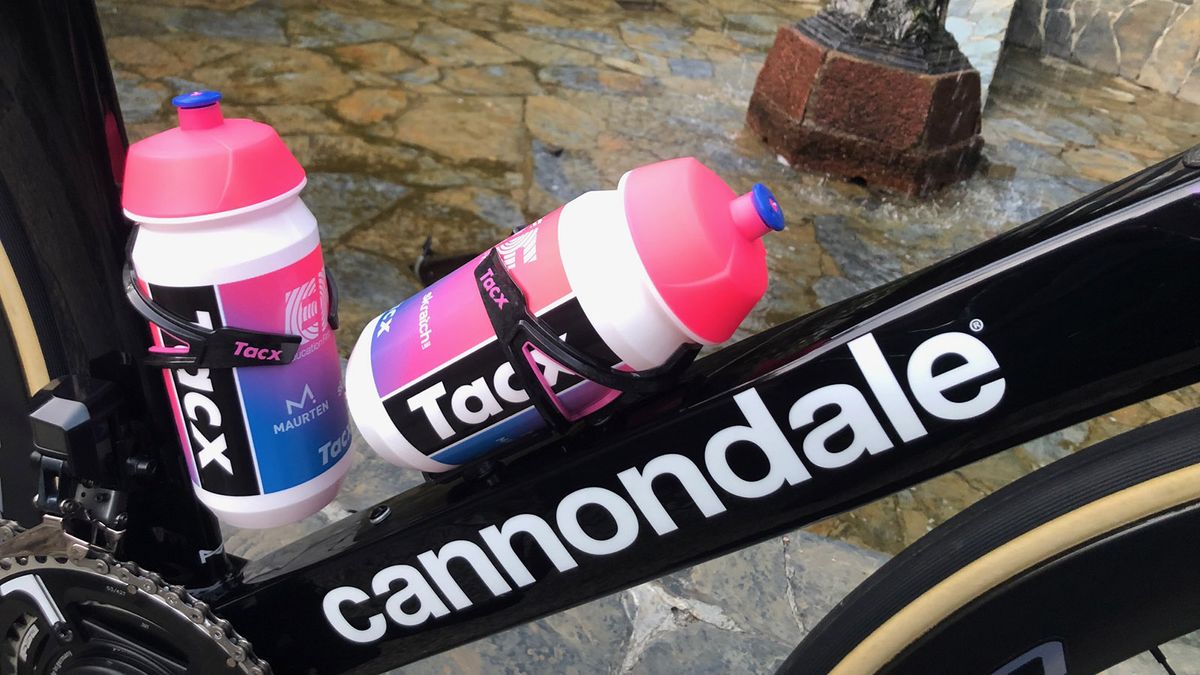 White Cannondale decals contrast against the black base colour of the frame
