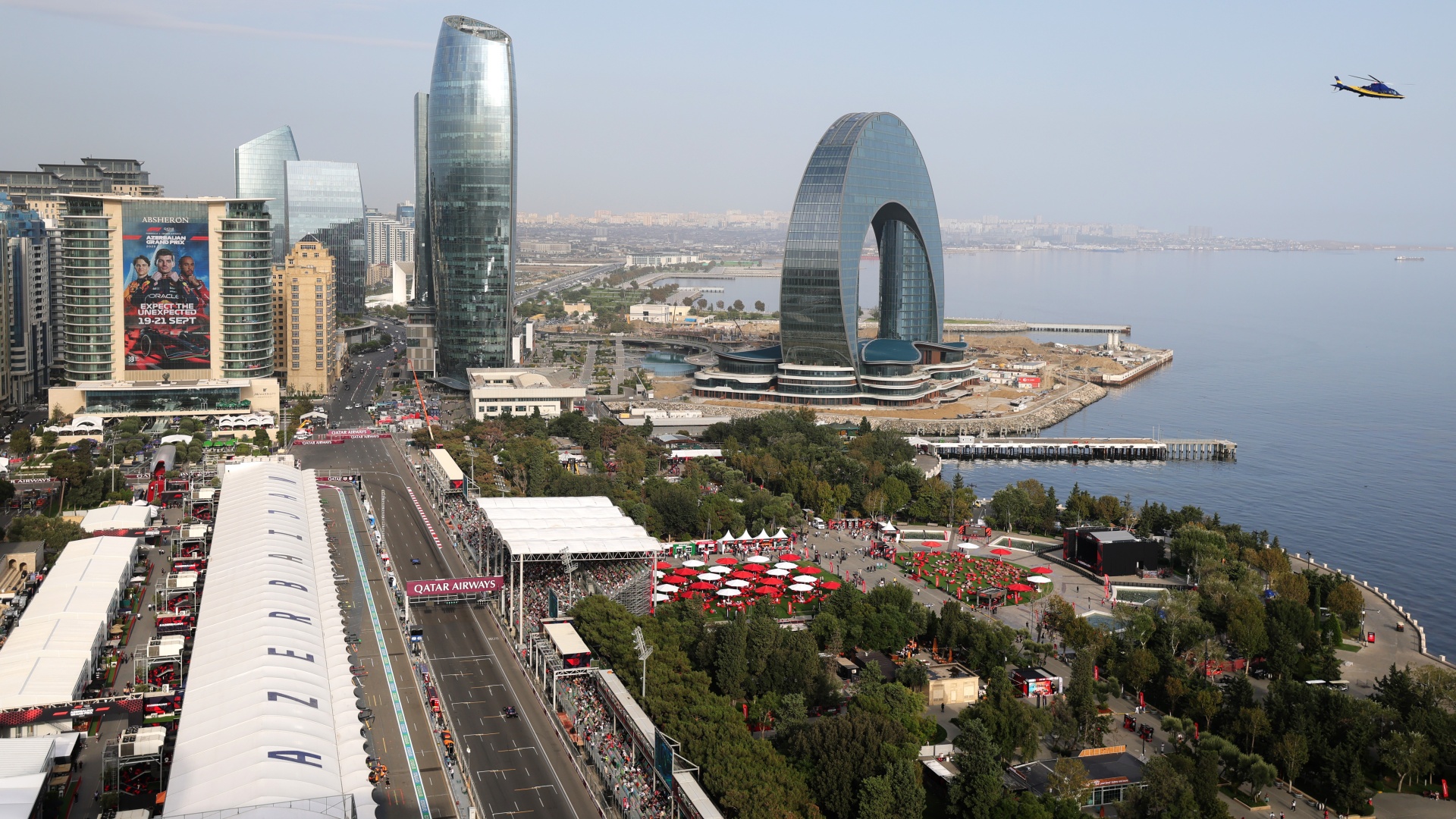 An aerial view of Baku City Circuit at the Azerbaijan Grand Prix in 2025