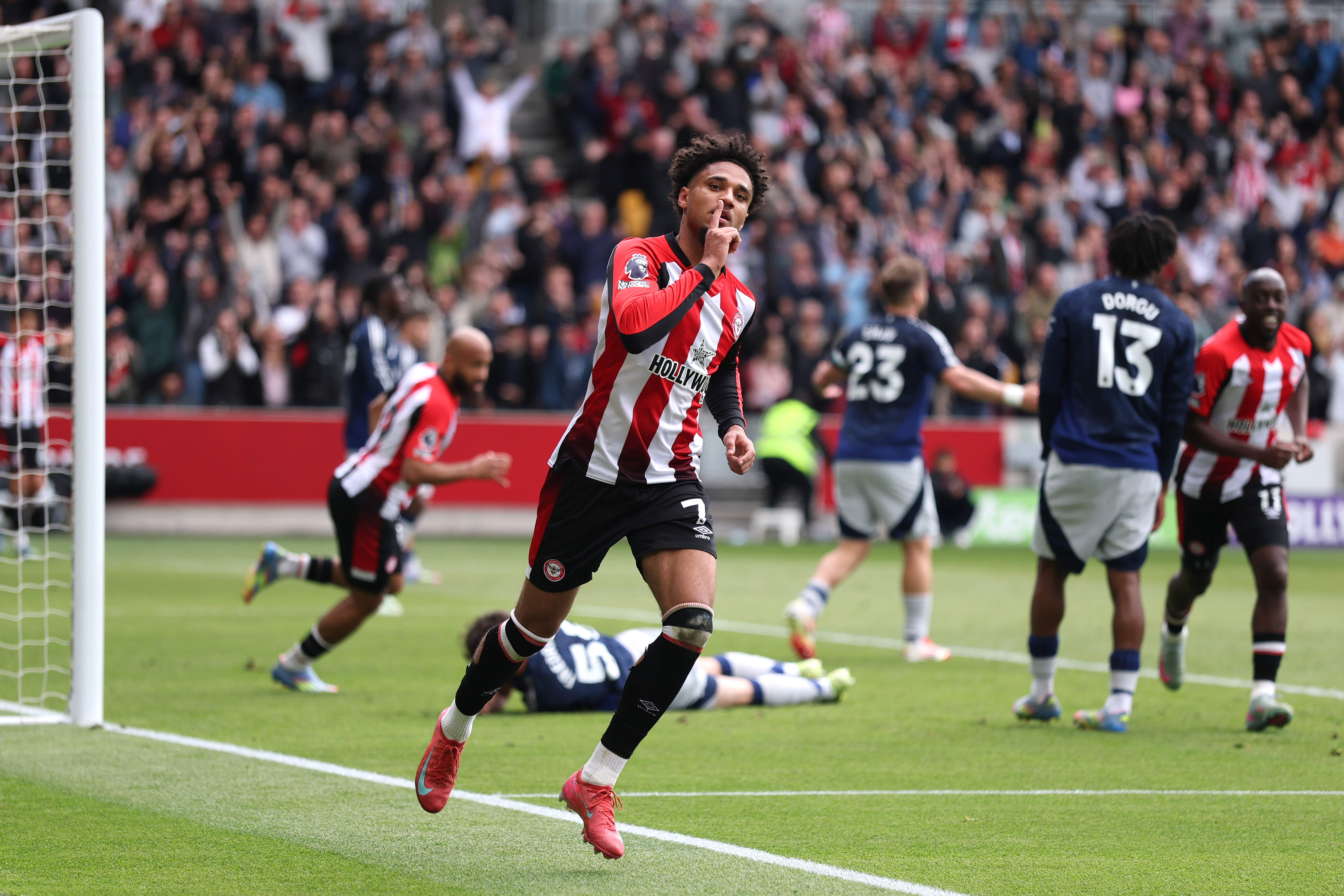 Bentford's Kevin Schade celebrates after scoring against Manchester United in the Premier League in May 2025.