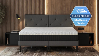 Emma Hybrid Airgrid mattress in a brightly lit bedroom with a TG Black Friday mattress deal badge at the top right corner