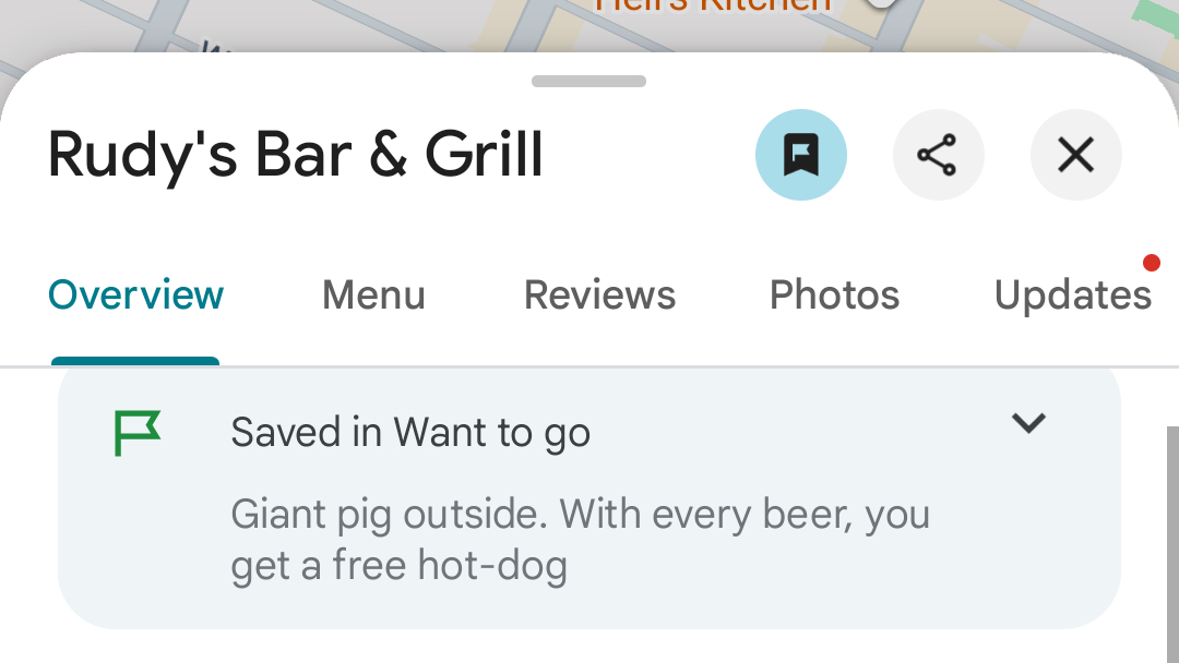 Google Maps screenshot showing a note added to a Saved location, which reads "Giant pig outside. With every beer, you get a free hot-dog"