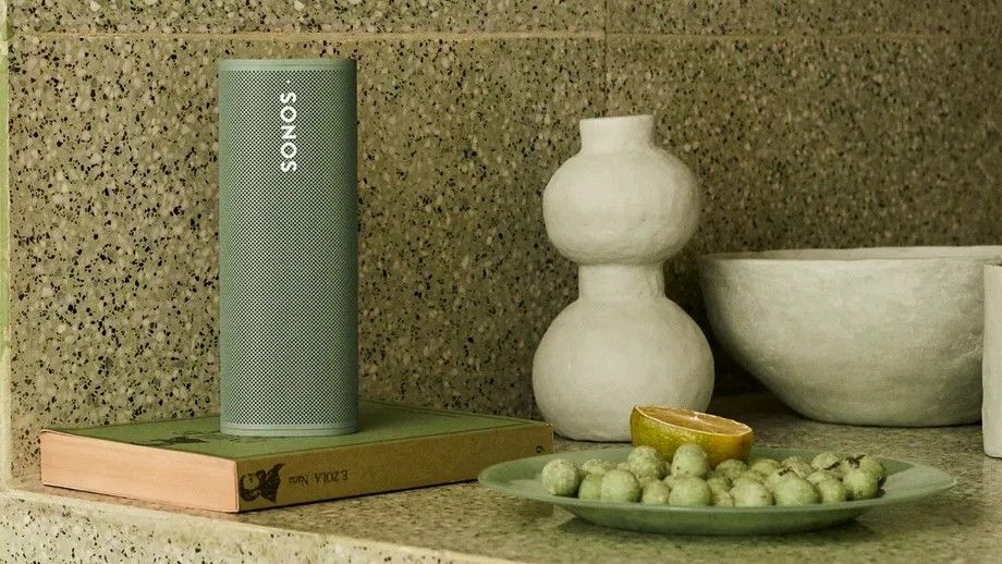 Sonos Roam in olive green in a domestic kitchen lifestyle setting