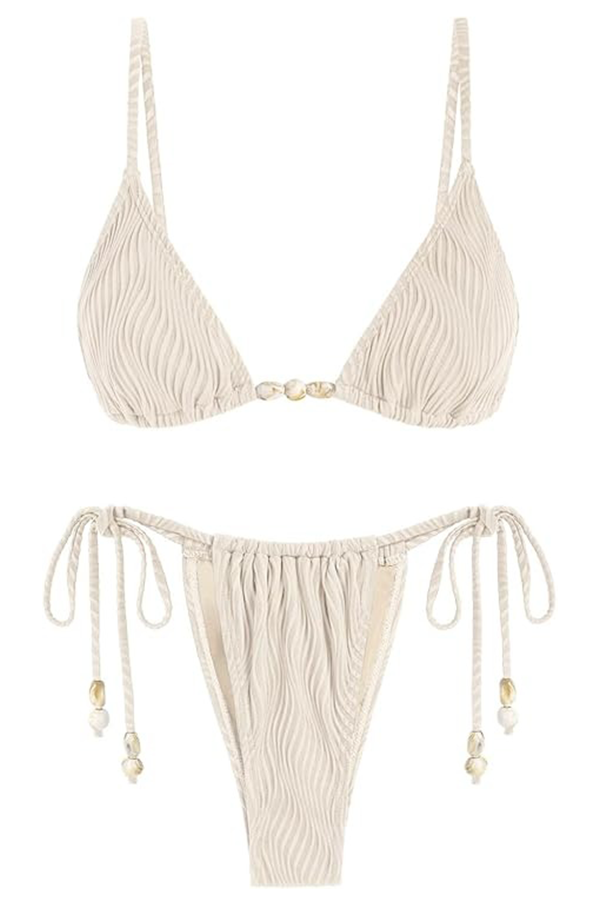 Seamoly Swimsuits for Women Ribbed Tie Back Ruched Bikini Sets High Cut Tie Side Thong Sexy Bathing Suit Beige Medium