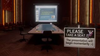 Conference room with The Stanley Parable: Ultra Deluxe presentation showing