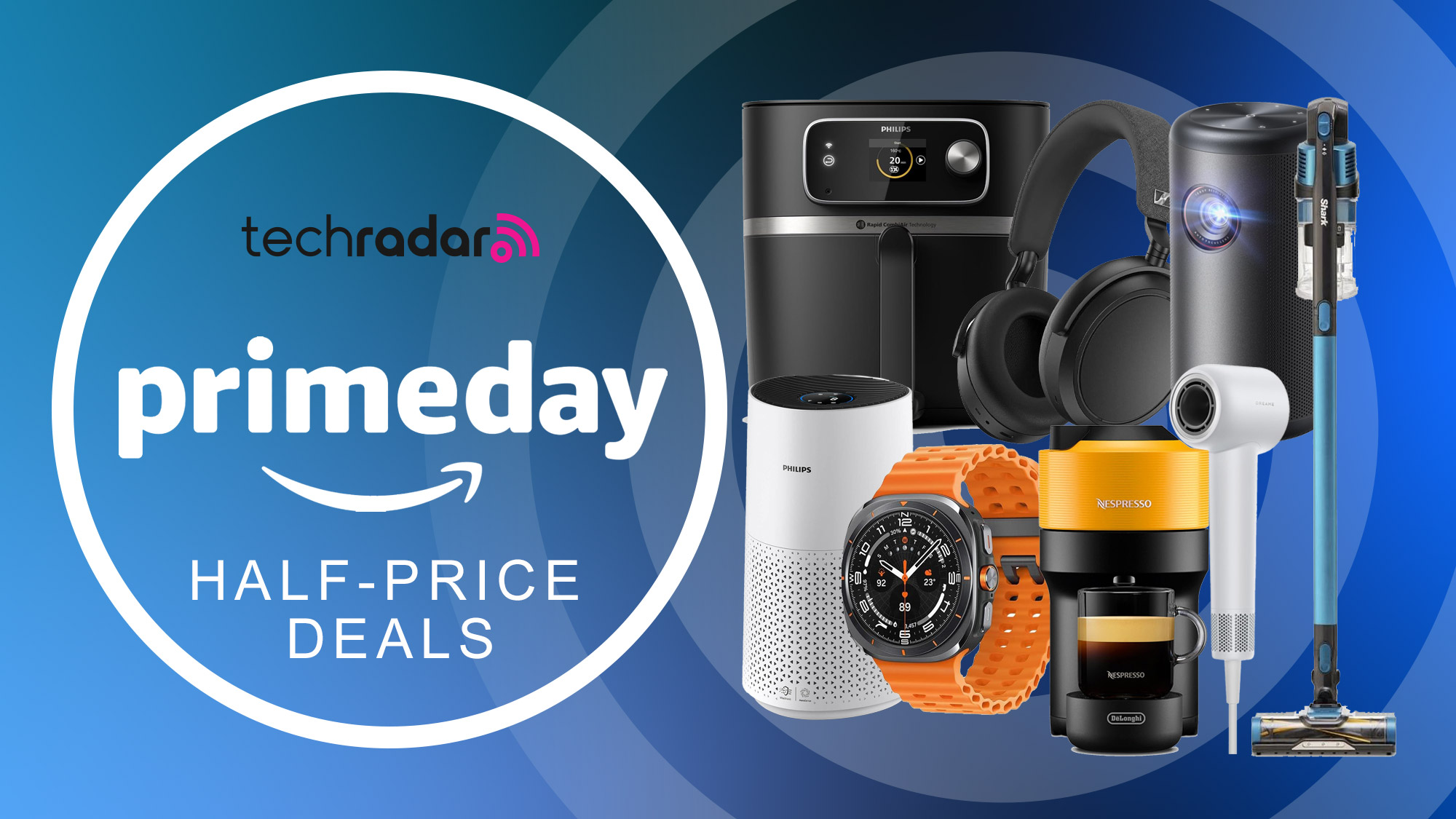 Assortment of tech and home appliances on a blue background, with &quot;Prime Day Half-Price Deals&quot; text in white.