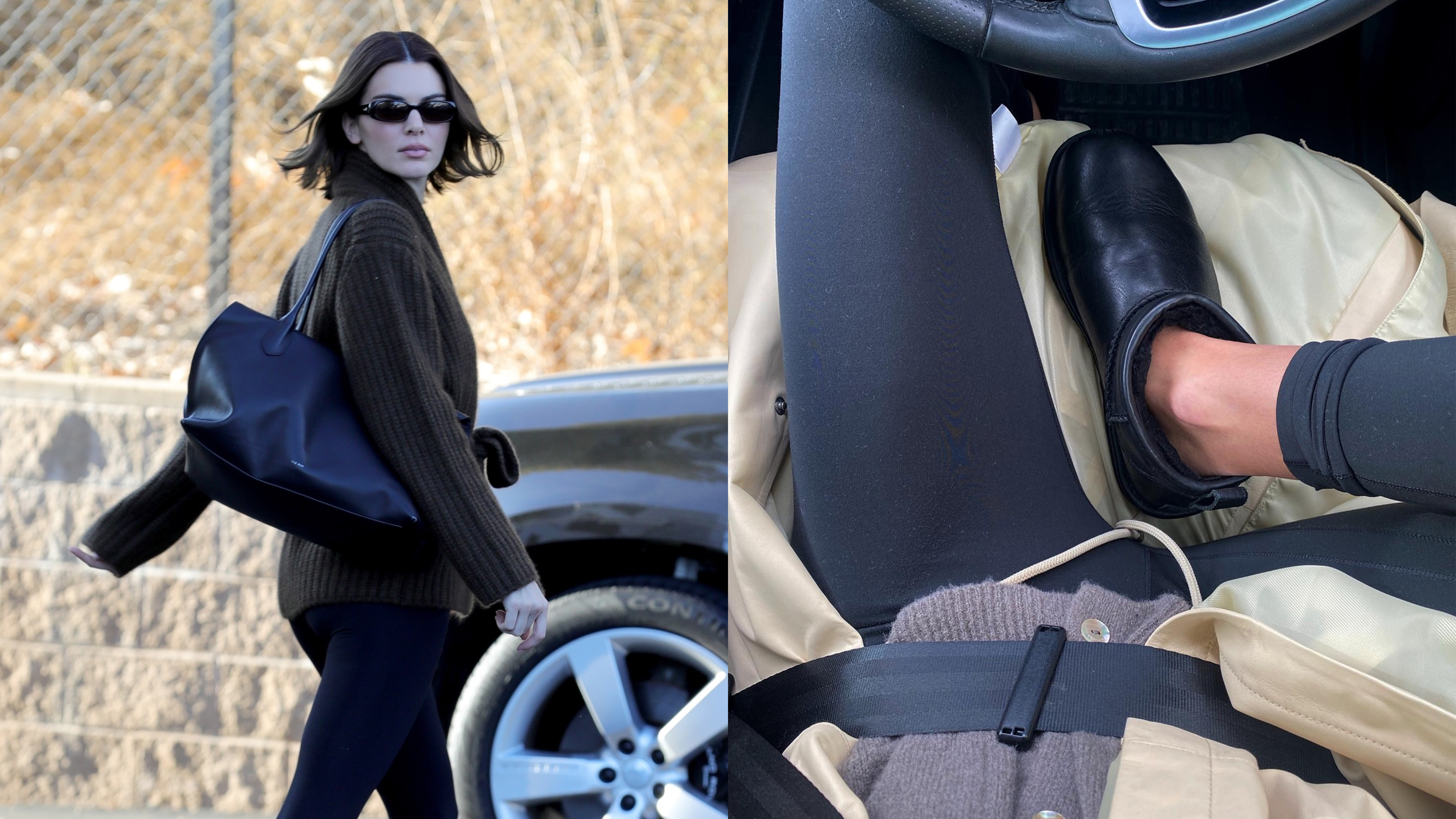 Kendall Jenner in leggings, Uggs, and a brown sweater. Marianne Smyth in black legging, Uggs, and a cardigan.