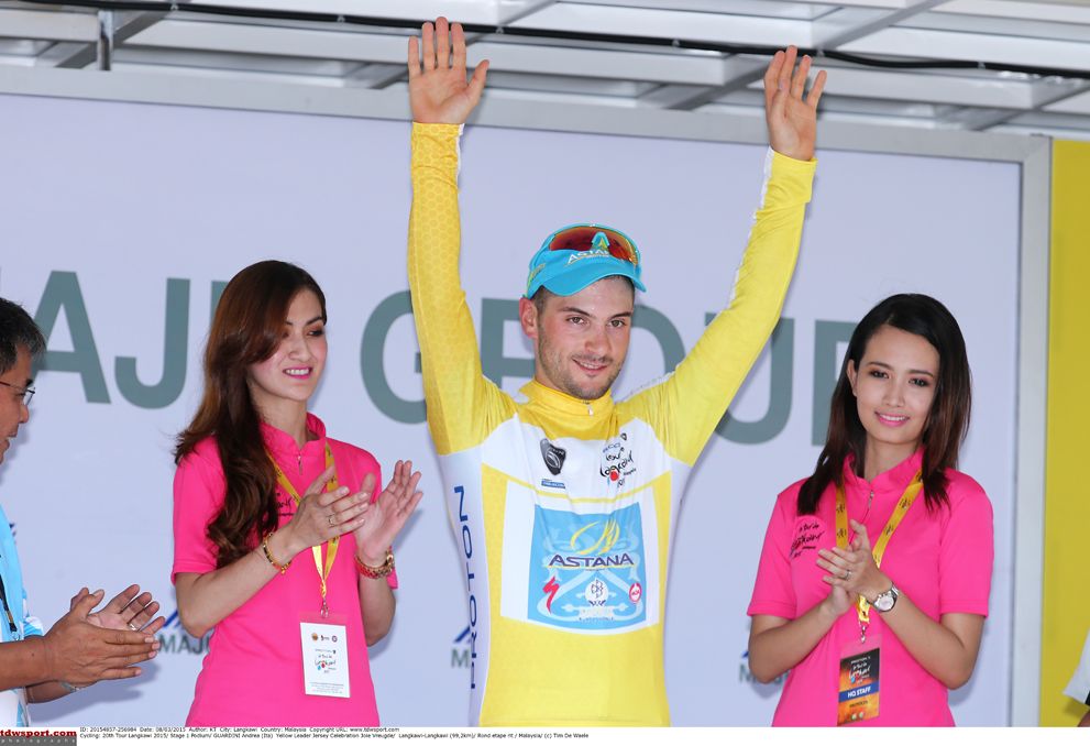 Andrea Guardini (Astana) in the yellow jersey at the Tour de Langkawi