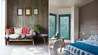 collage of two images one of modern farmhouse style living area and Mediterranean Style bedroom decor to show outdated interior design trends 2023 with the new on-trend alternative