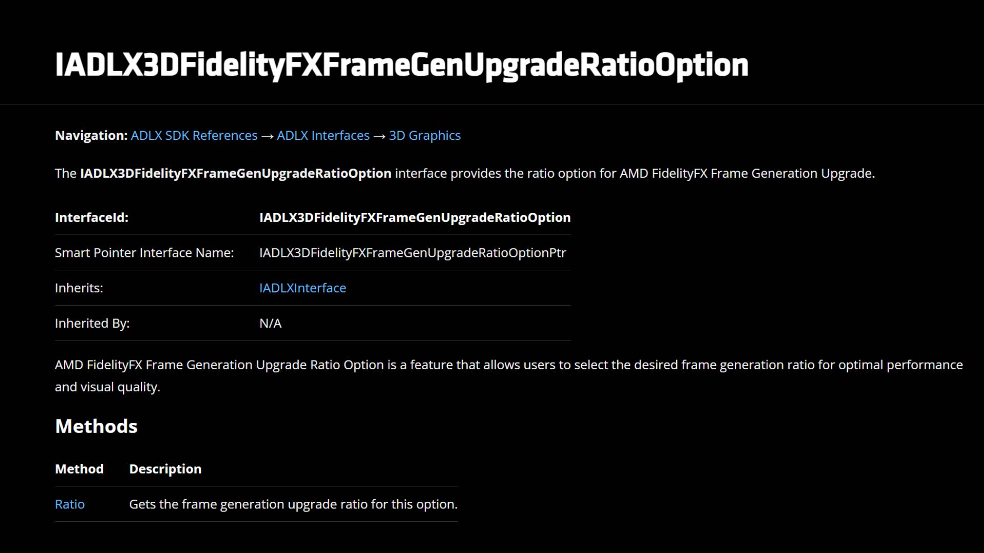AMD GPUopen page screenshot detailing new Frame Generation Ratio option with black background and white text.