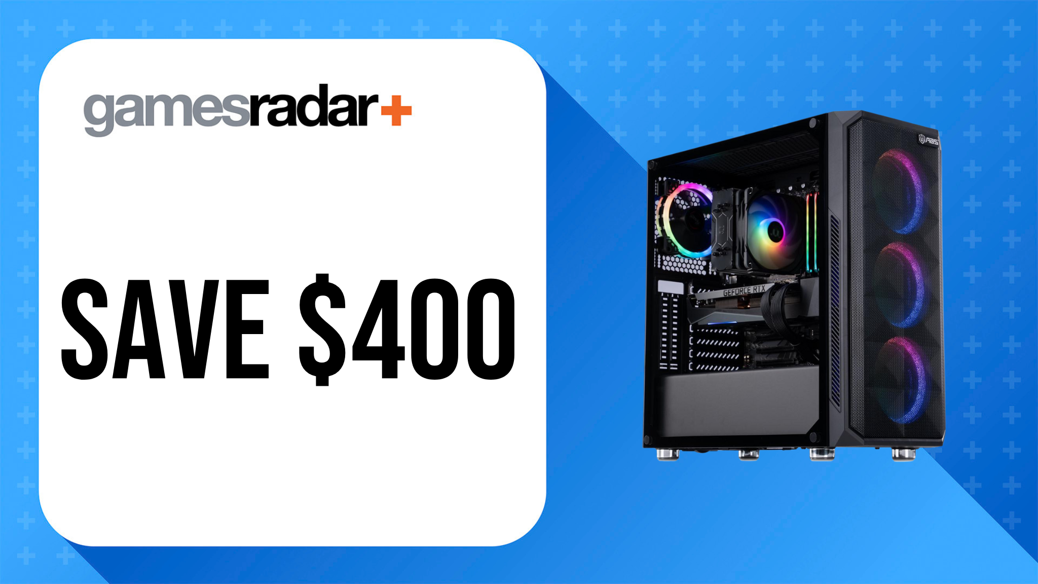 ABS Gladiator Gaming PC deal image with $400 saving stamp and Blue background