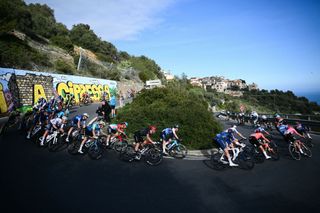 The pack ascend the Cipressa during the 115th Milan-SanRemo one-day classic cycling race, between Pavia and SanRemo, on March 16, 2024. (Photo by Marco BERTORELLO / AFP)