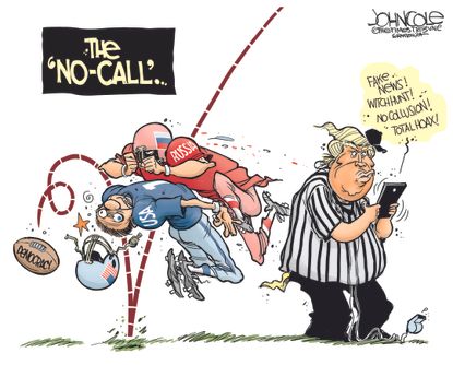 Political cartoon U.S. Trump Russia collusion NFL referee New Orleans Saints Los Angeles Rams