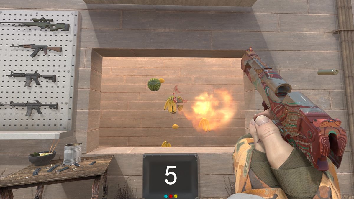 A player shoots a piece of fruit in a Counter-Strike mod that replicates Fruit Ninja.