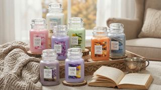 Yankee Candle scented candles on a tray