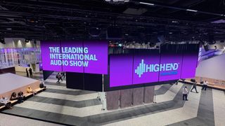 Two screens inside the Austria Center Vienna promoting High End Vienna 2026 at the start of the show.