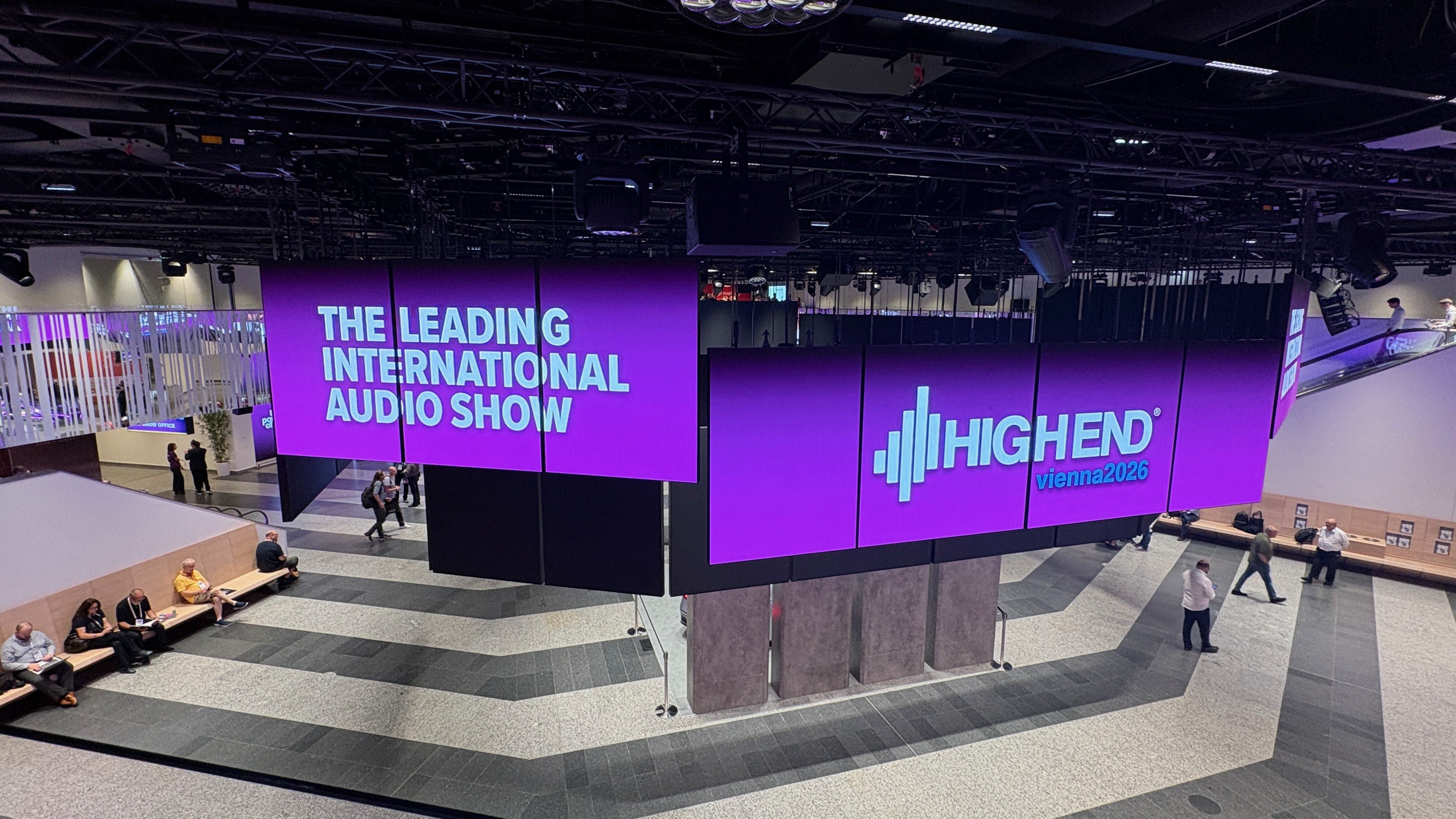 Two screens inside the Austria Center Vienna promoting High End Vienna 2026 at the start of the show.