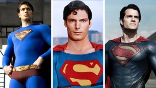 Split image showing three Supermans from three different Superman movies. Brandon Routh in Superman Returns (Left), Christopher Reeve in Superman (Middle), and Henry Cavill in Man of Steel (Right).