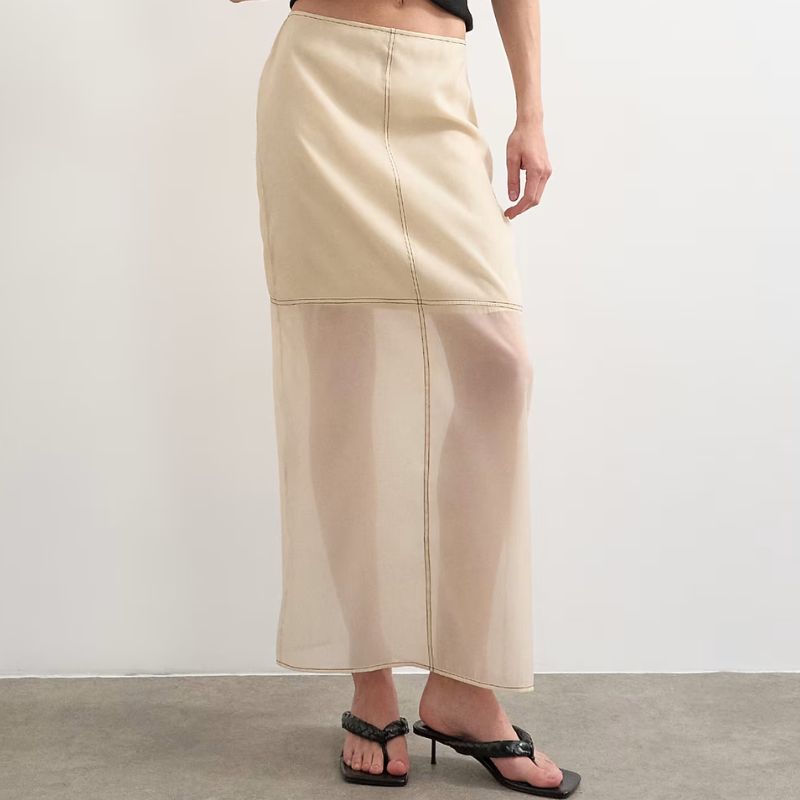 Organza column maxi skirt with contrast stitching in oyster on model