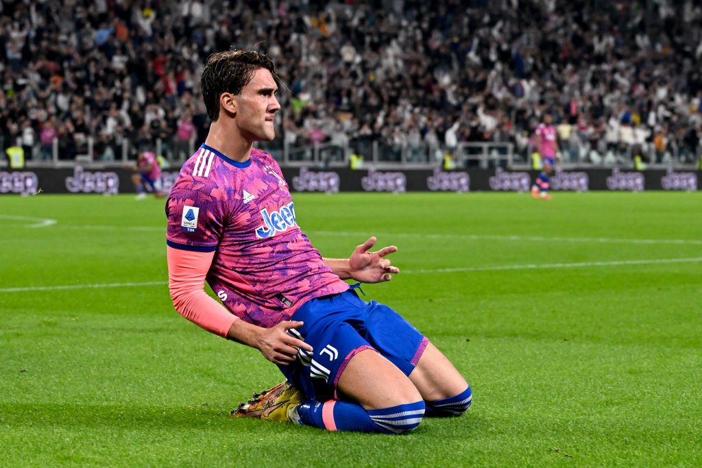 Arsenal target Dusan Vlahovic of Juventus celebrates after scoring his team&#039;s second goal during the Serie A match between Juventus and Bologna FC at Allianz Stadium on October 02, 2022 in Turin, Italy.