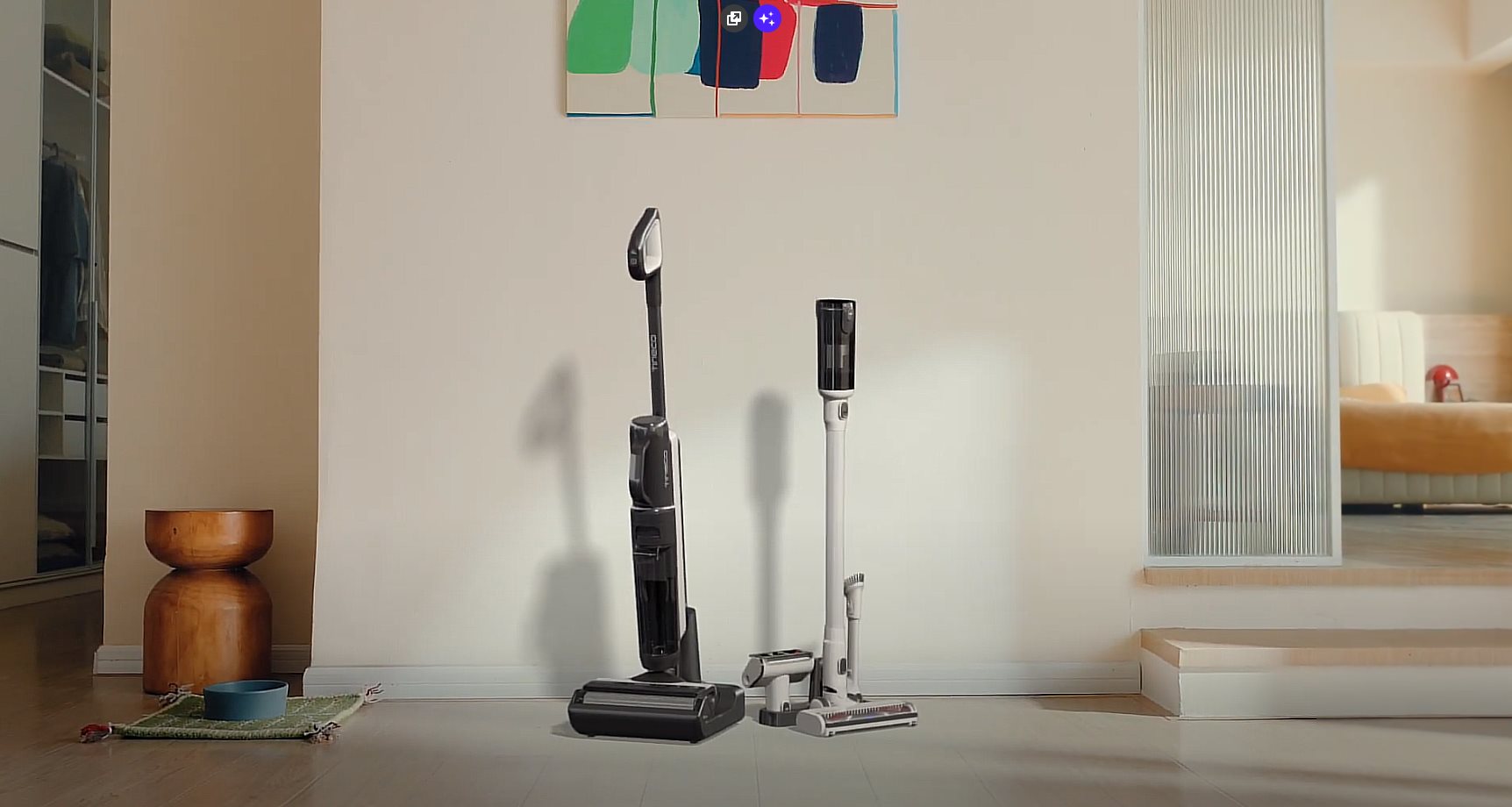 The Tineco Floor One Switch S6 floor washer and vacuum standing against a wall