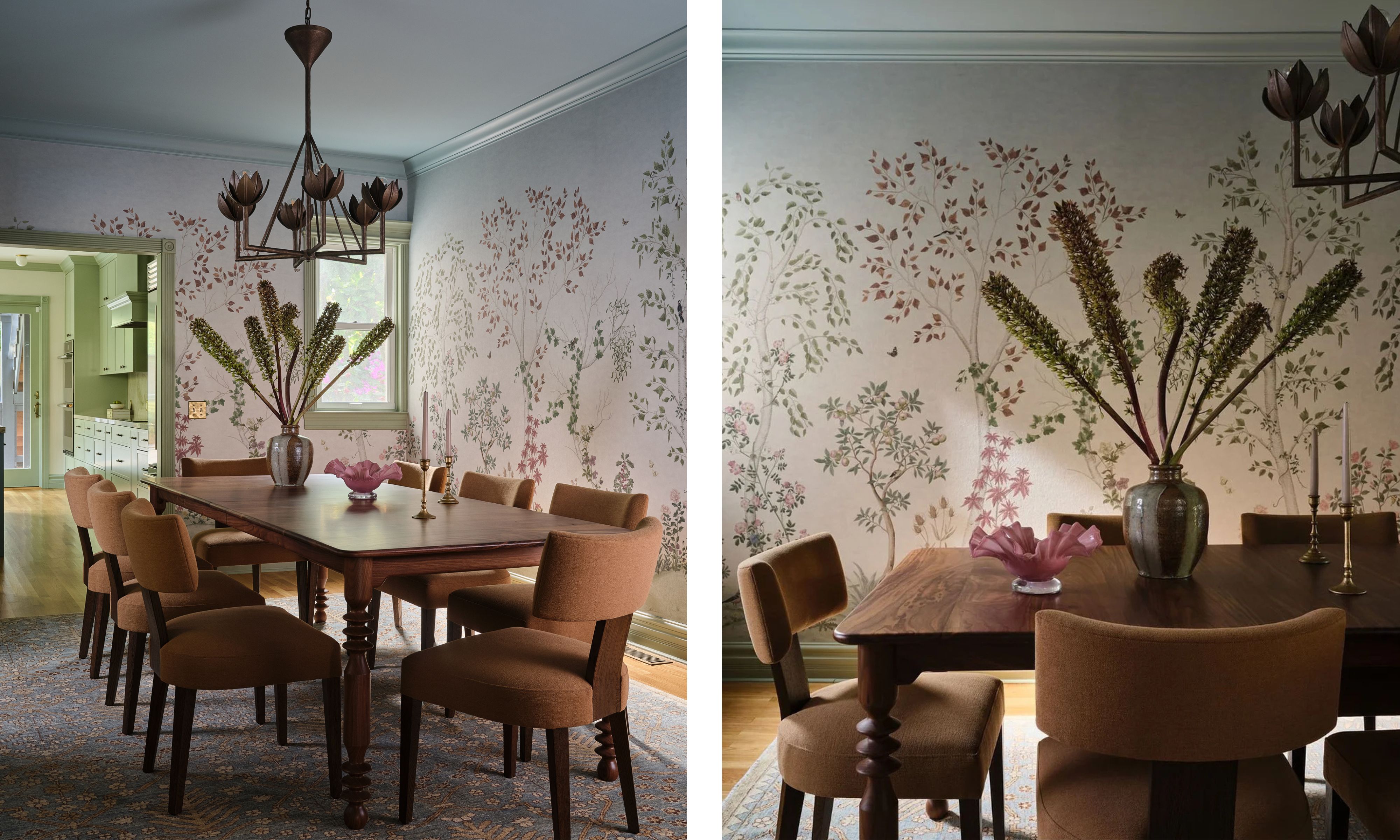 Dining room with a floral mural over all the walls and a modern metal floral chandelier above a wooden dining table with seats upholstered in a rust tones fabric