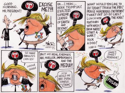 Political cartoon U.S. Trump Putin Mueller immigrants media