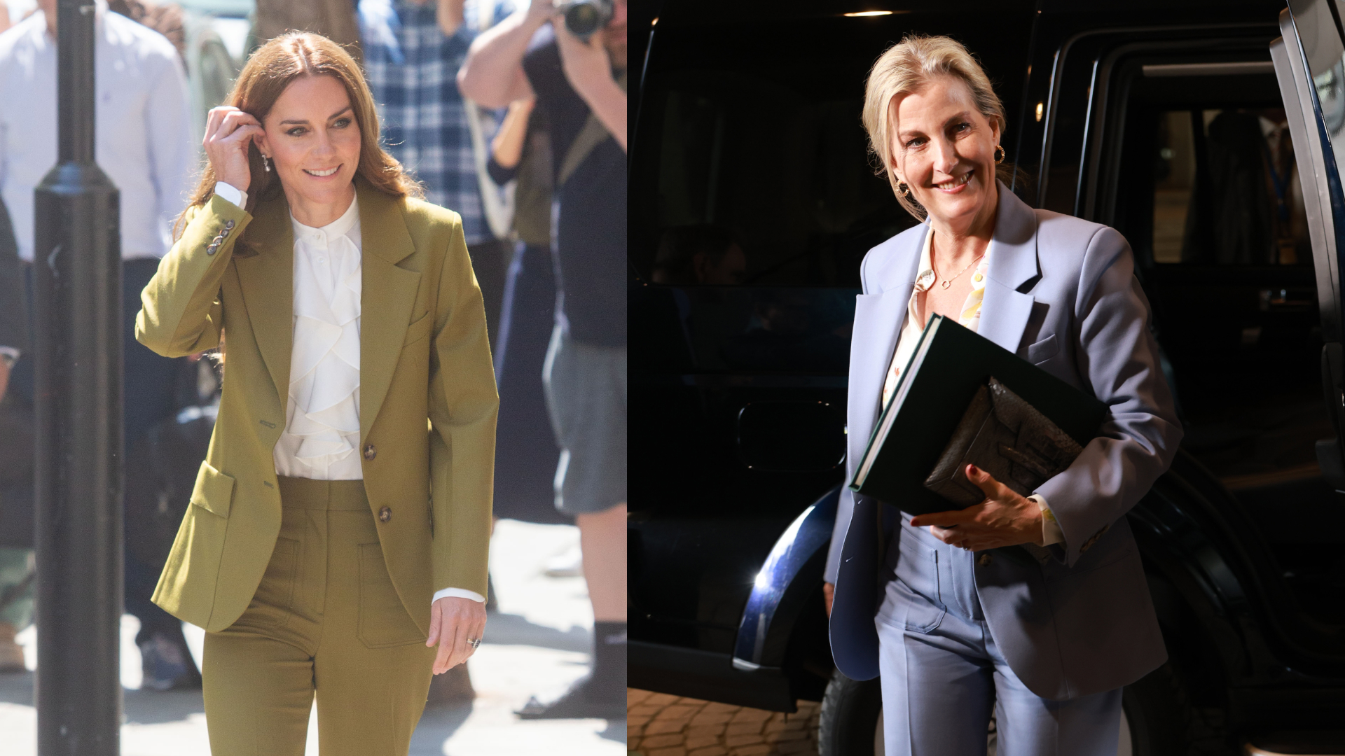 Kate Middleton wearing an olive suit next to a picture of Duchess Sophie in a blue suit