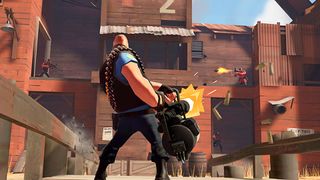 A Team Fortress 2 player uses a machine gun against foes