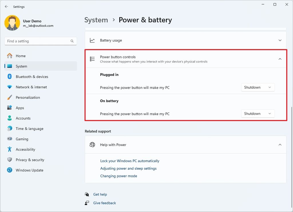 Power button controls